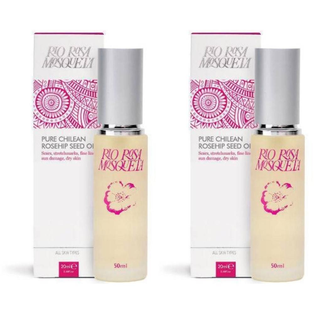 Deux flacons d'huile de pépins de rose musquée du Chili Rio Rosa Mosqueta, 50ml.
