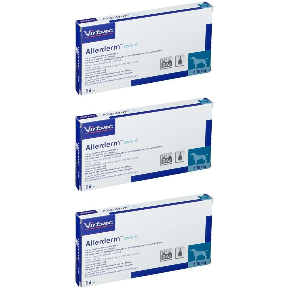 Trois boîtes de Virbac Allerderm Spot-on pour chiens de plus de 10 kg. Boîtes blanches avec accents bleus.