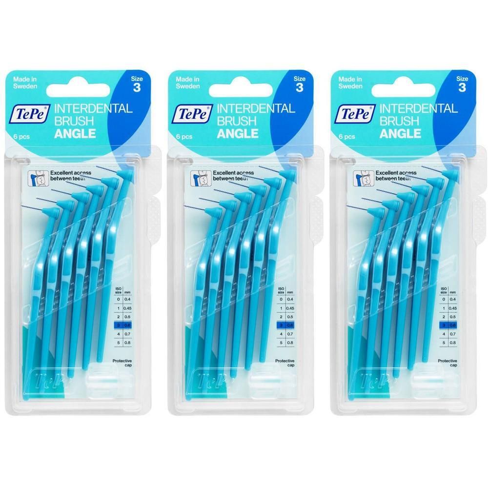 Trois paquets de brosses interdentaires TePe Angle, taille 3, bleues, 6 pièces par paquet.