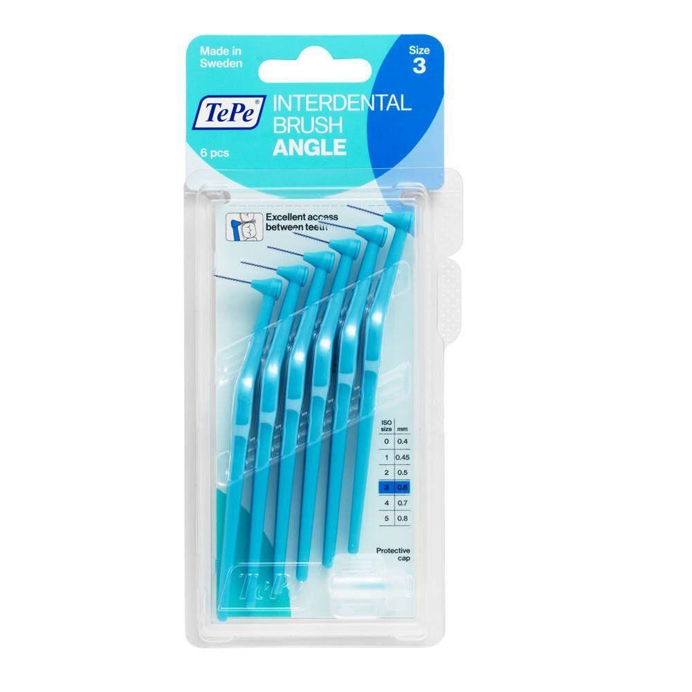 Brosses interdentaires TePe Angle, taille 3, lot de 6 dans un emballage bleu clair.