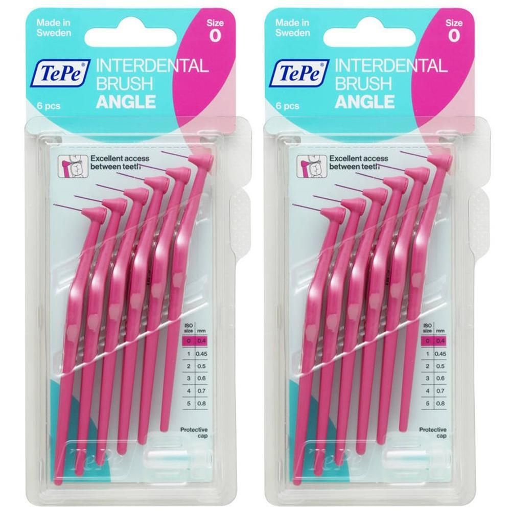 Twee pakken TePe Interdental Brush Angle, maat 0, roze, 6 stuks per pak. Met beschermkapje.