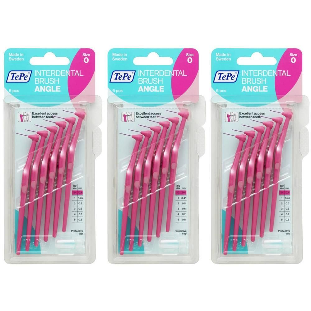 Drie pakken TePe Interdental Brush Angle, maat 0, roze, 6 stuks per pak.