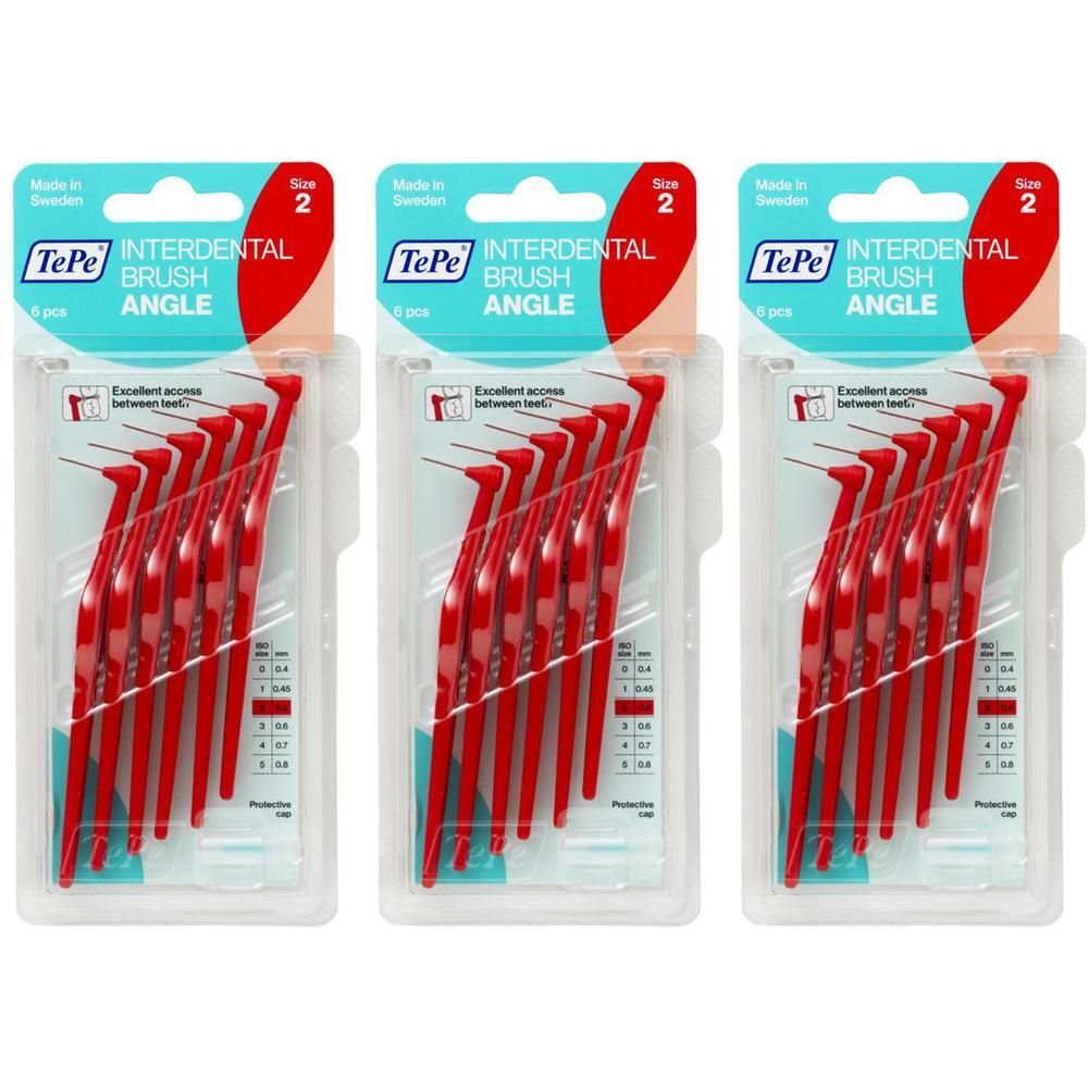 Brosses interdentaires TePe Angle, taille 2, 6 pièces. Brosses rouges à tête coudée pour le nettoyage interdentaire.