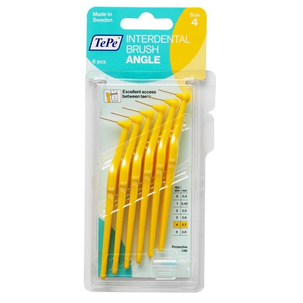 Verpakking met 6 gele TePe Interdentale Borstels, hoekvorm, maat 4 (0,7 mm).
