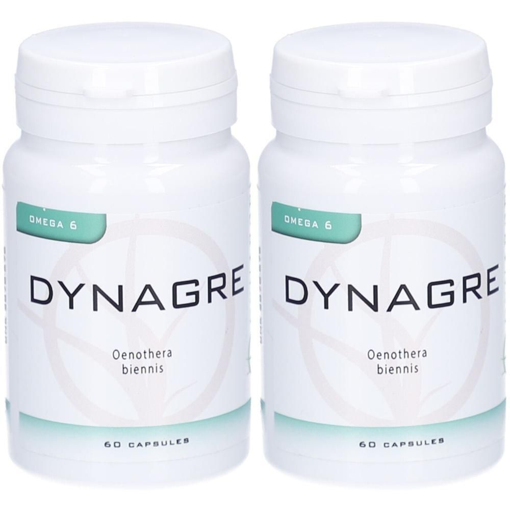 Twee witte flacons Dynagre met 60 capsules per stuk, Omega 6, Oenothera biennis.