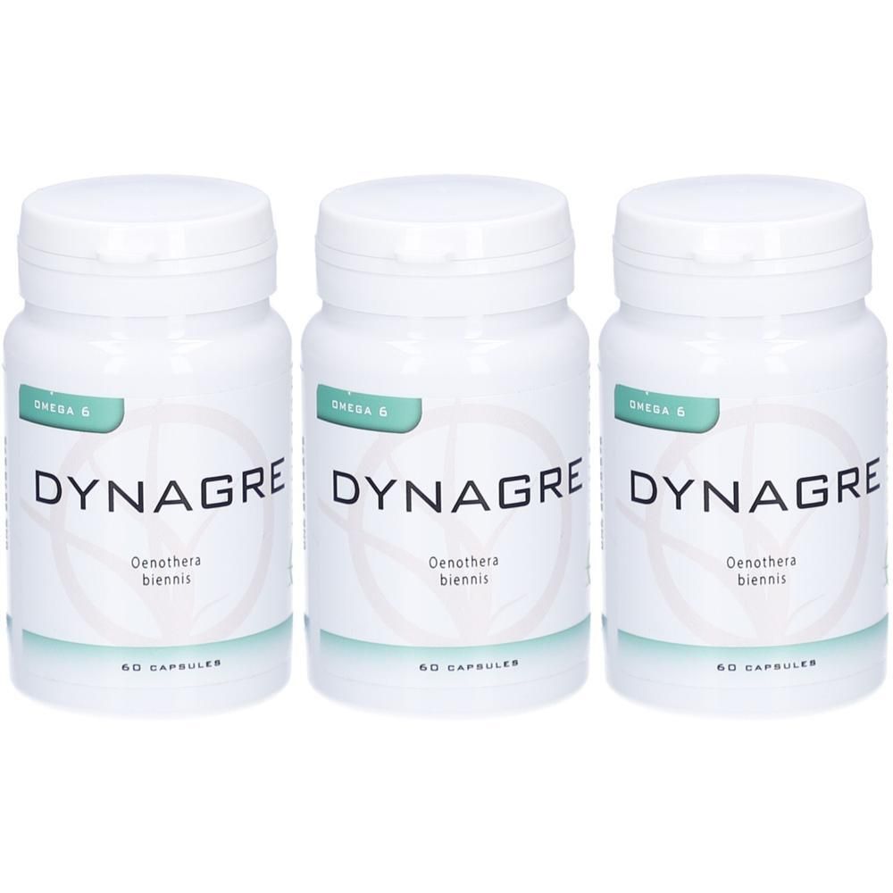 Drie witte Dynagre flessen met elk 60 capsules. Bevat teunisbloemolie.