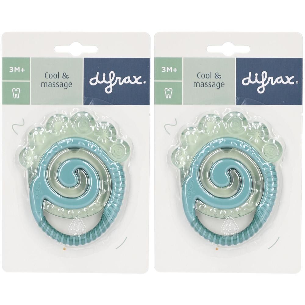 Twee Difrax spiraalvormige bijtringen, blauw en lichtgroen, in verpakking.