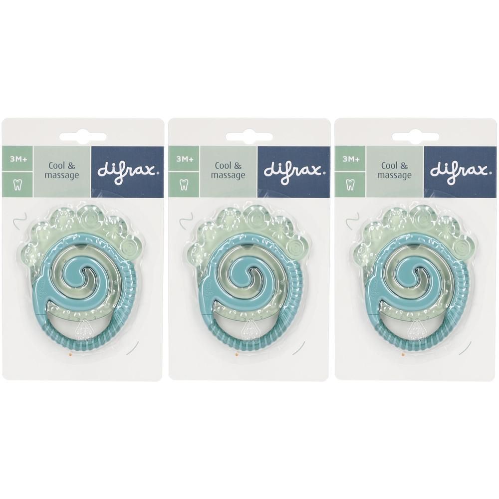 Trois anneaux de dentition Difrax en forme de spirale, bleus et verts clairs, sous blister.