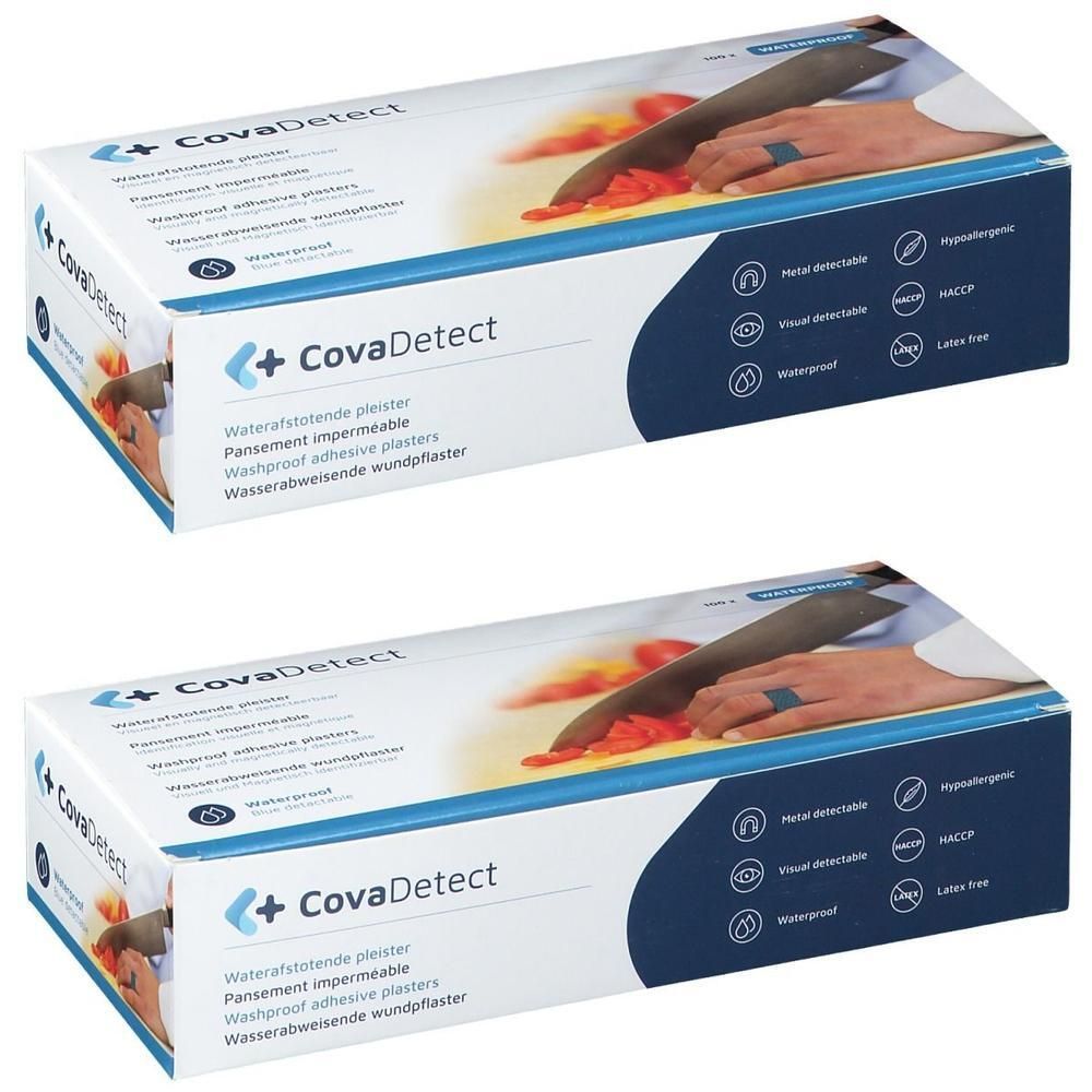 Twee pakken CovaDetect pleisters. Waterdicht, hypoallergeen, metaal- en visueel detecteerbaar.