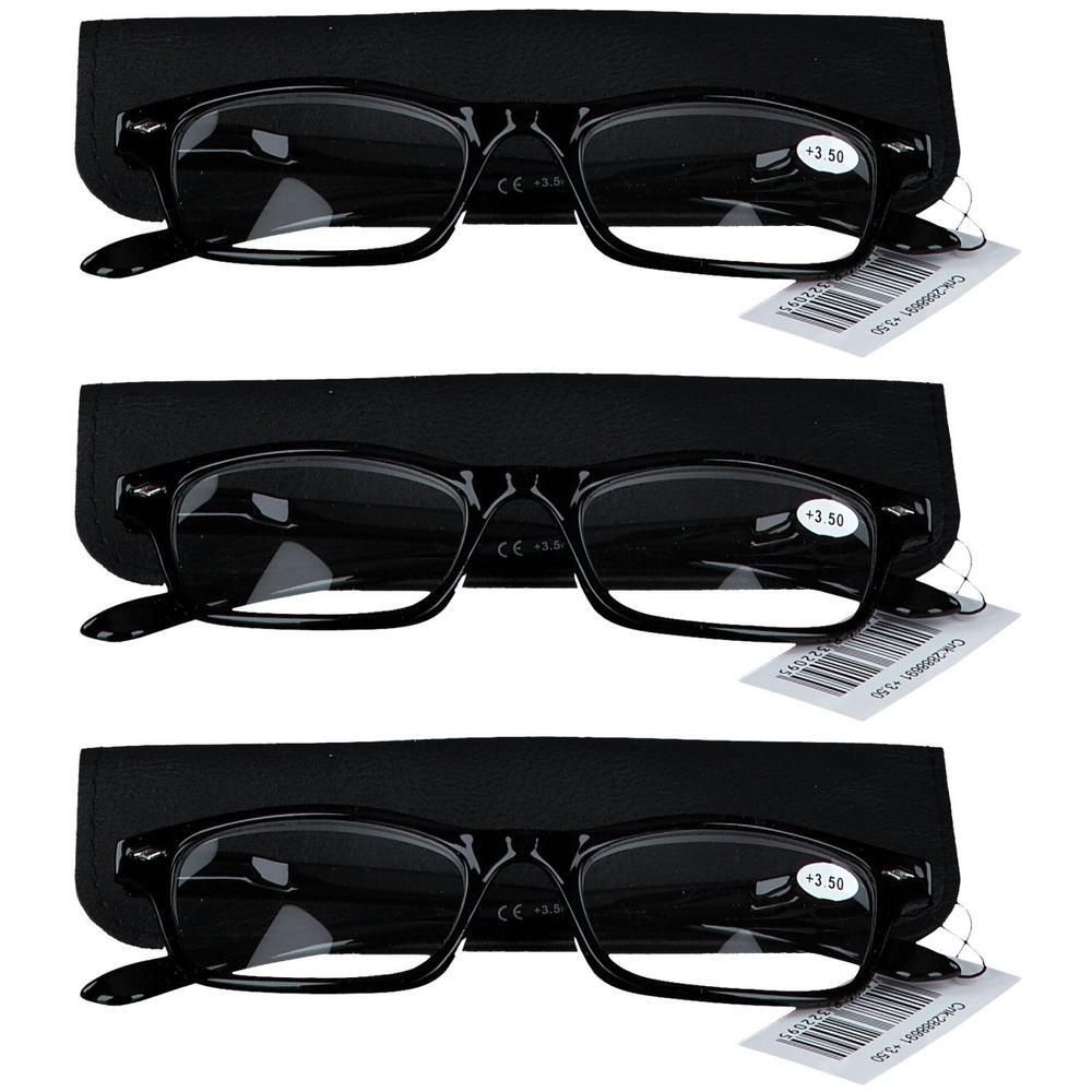 Trois paires de lunettes de lecture noires avec étui. Chaque verre indique +3,50.