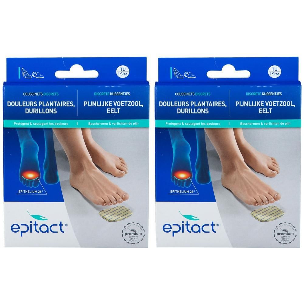 Twee pakken Epitact® kussentjes voor pijnlijke voetzolen en eelt. Toont voeten met rode markeringen onder de bal van de voet.