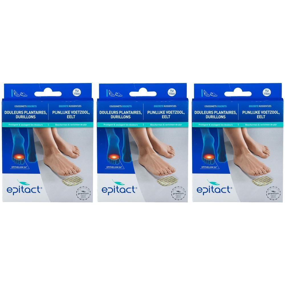 Trois paquets d'orthèses Epitact® pour douleurs plantaires et durillons. Montre des pieds avec des points de douleur rouges sous les métatarses.
