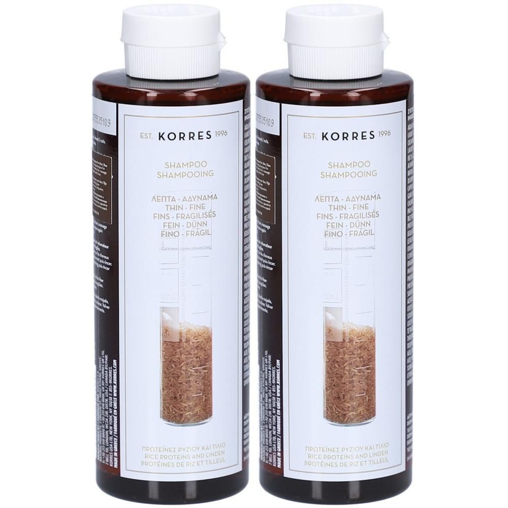 Twee Korres flessen shampoo met rijstproteïne en linde voor fijn haar.