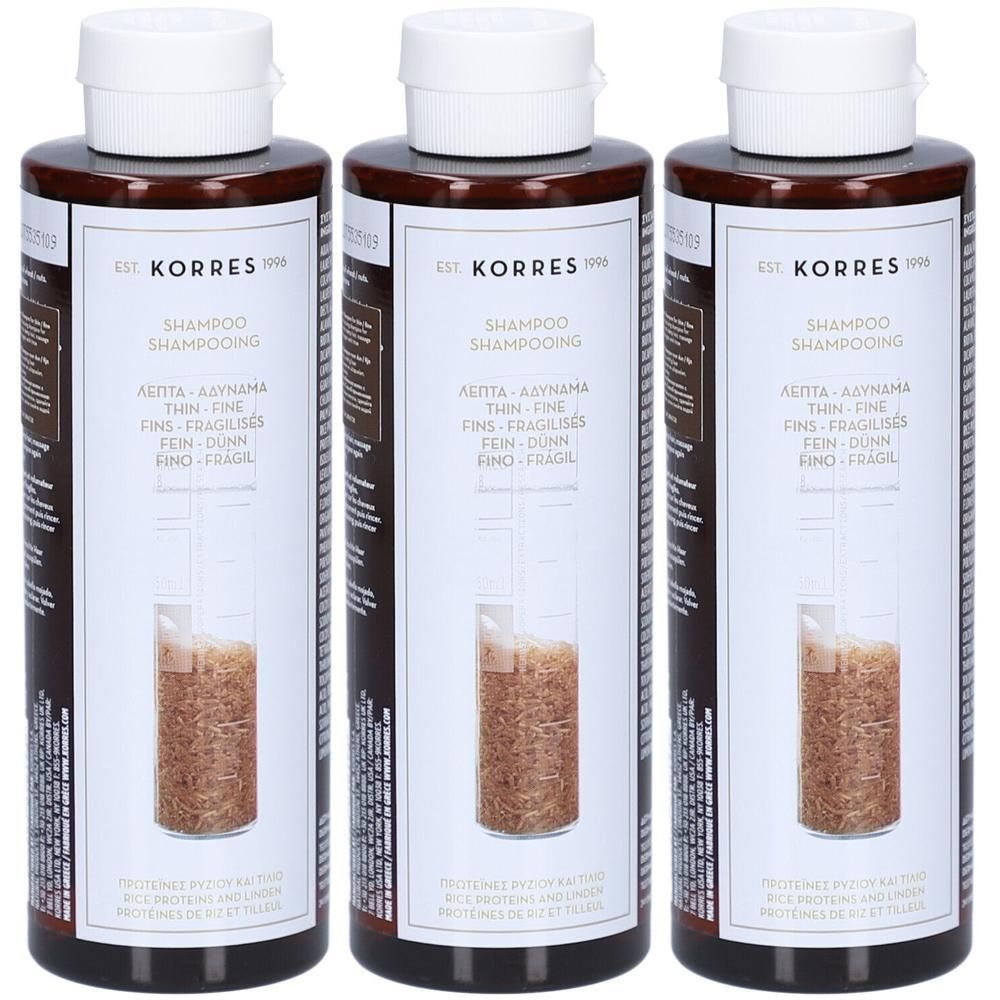 Drie flessen Korres Shampoo met Rijstproteïne en Linde voor fijn haar.