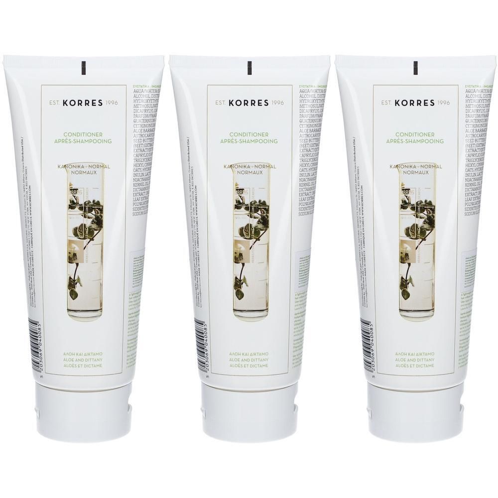 Trois tubes blancs Korres KH Conditioner Aloe - Ditanny avec illustration végétale.