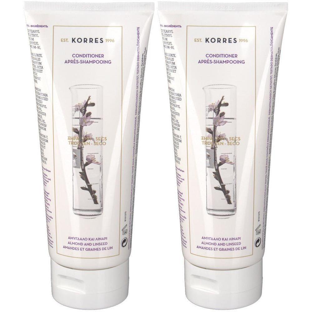 Twee tubes Korres Amandel & Lijnzaad Conditioner met bloeiende tak illustratie.