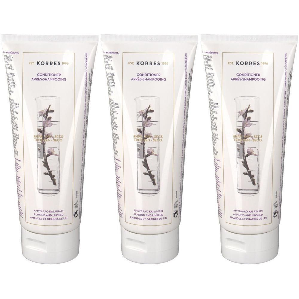 Trois tubes blancs de revitalisant Korres Amandes et Graines de Lin.