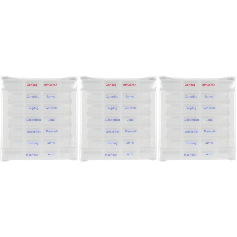 Trois piluliers transparents avec des compartiments pour chaque jour de la semaine.