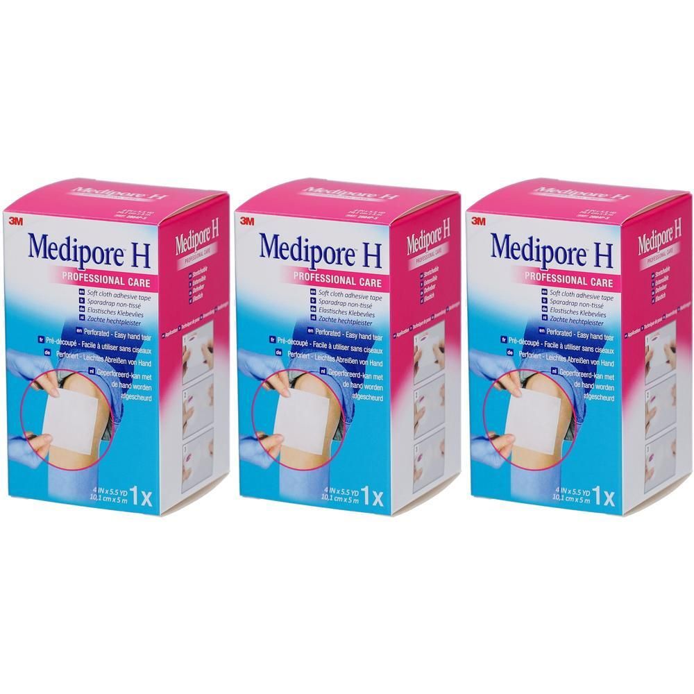 Drie pakken 3M Medipore H tape voor professionele zorg. Elk pak bevat één rol van 10 cm x 5 m.