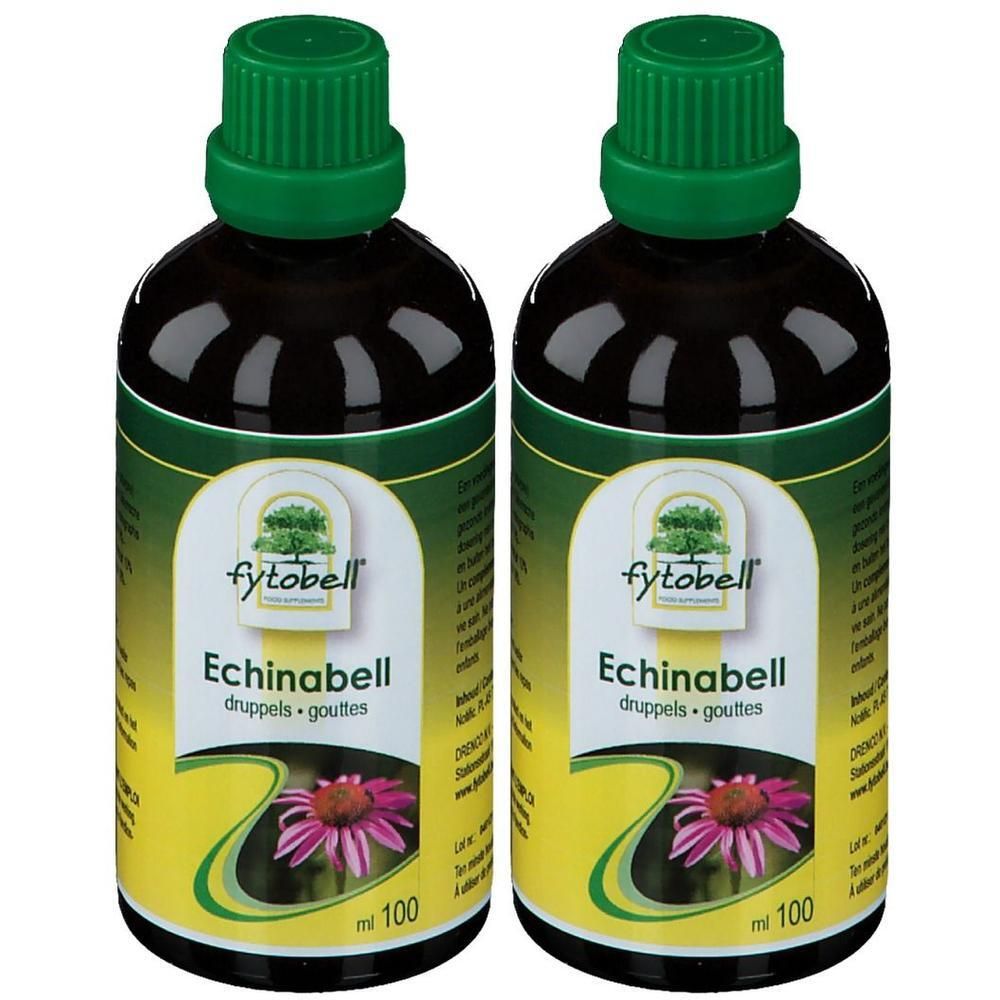 Deux flacons Fytobell Echinabell de 100 ml chacun. Verre brun avec bouchon vert.