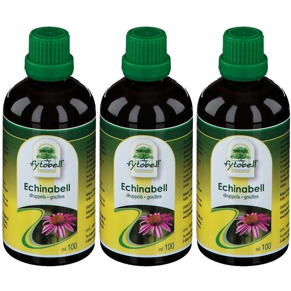 Drie flessen Fytobell Echinabell druppels, elk 100 ml, met groene doppen en etiketten met een echinacea bloem.