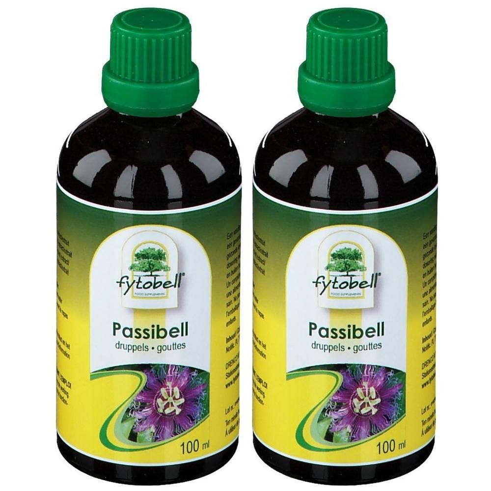 Deux flacons de Fytobell Passibell gouttes avec bouchons verts et étiquettes illustrant une fleur de passiflore.
