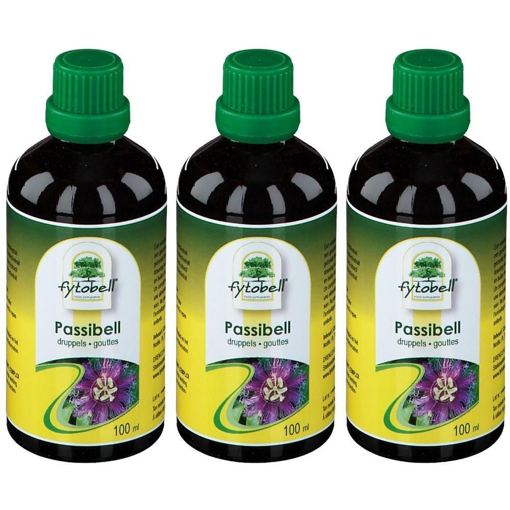 Trois flacons de Fytobell Passibell gouttes avec bouchons verts et motif de fleur de la passion. Chaque flacon contient 100 ml.