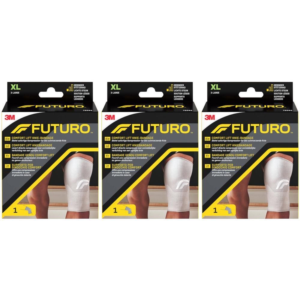 Trois paquets de genouillère FUTURO Comfort Lift, taille XL. Genouillères blanches avec accent jaune.
