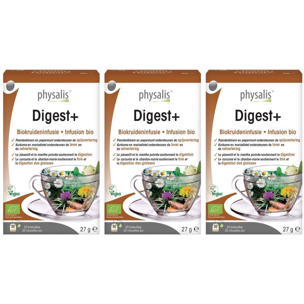 Trois paquets de tisane bio Physalis Digest+. Chaque paquet montre une tasse avec des herbes et des fleurs.