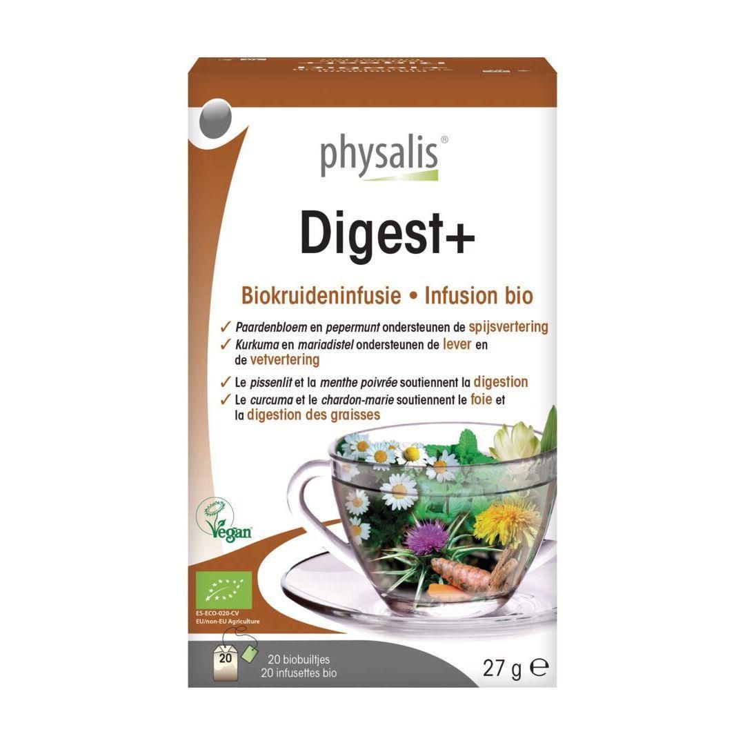 Physalis Digest+ Biokruideninfusie: 20 zakjes, 27g. Ingrediënten voor spijsvertering en lever.