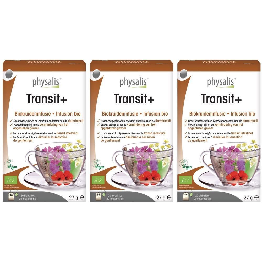 Trois paquets de tisane bio Physalis Transit+. Chaque paquet contient 20 sachets.