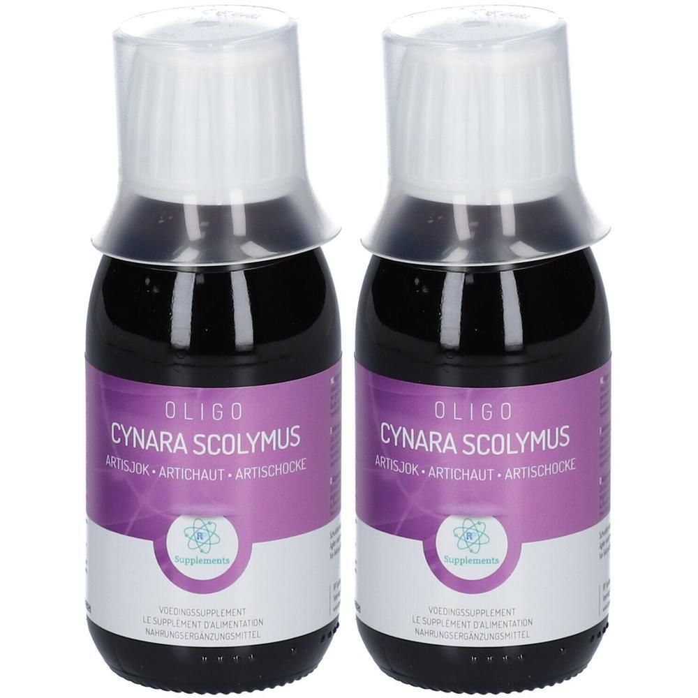 Deux flacons d'Oligo Cynara Scolymus à l'extrait d'artichaut. Liquide foncé avec gobelet doseur.