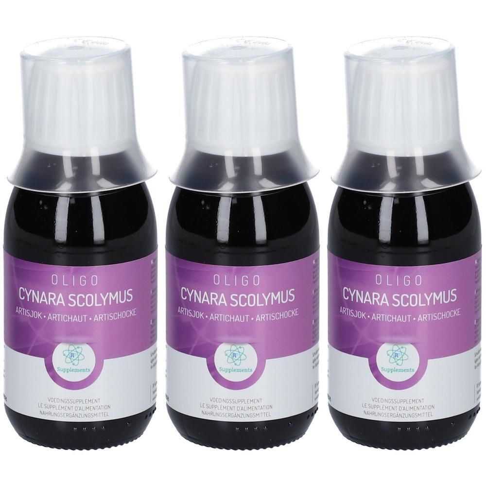 Trois flacons d'Oligoplant Artichaut avec étiquettes violettes et capuchons transparents.