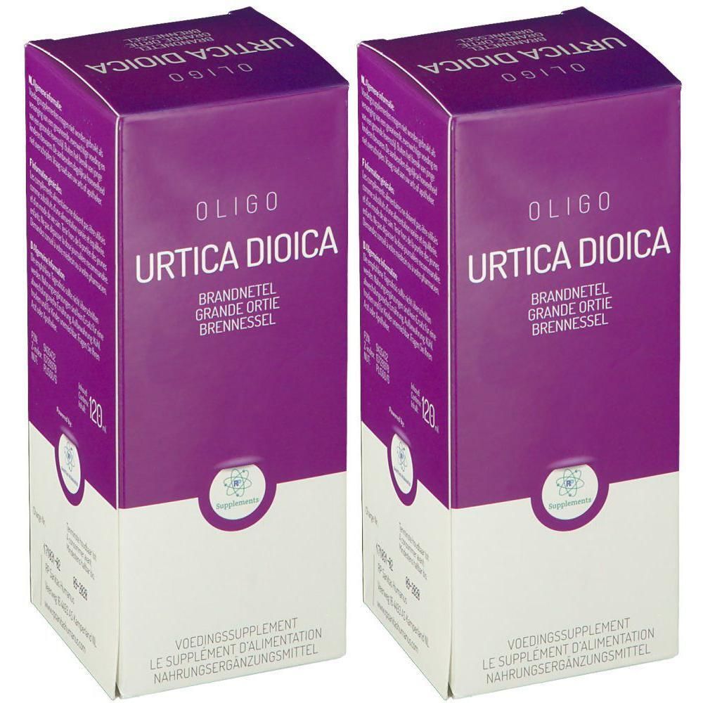 Deux boîtes d'Oligoplant Urtica Dioica, un complément alimentaire à base d'ortie.