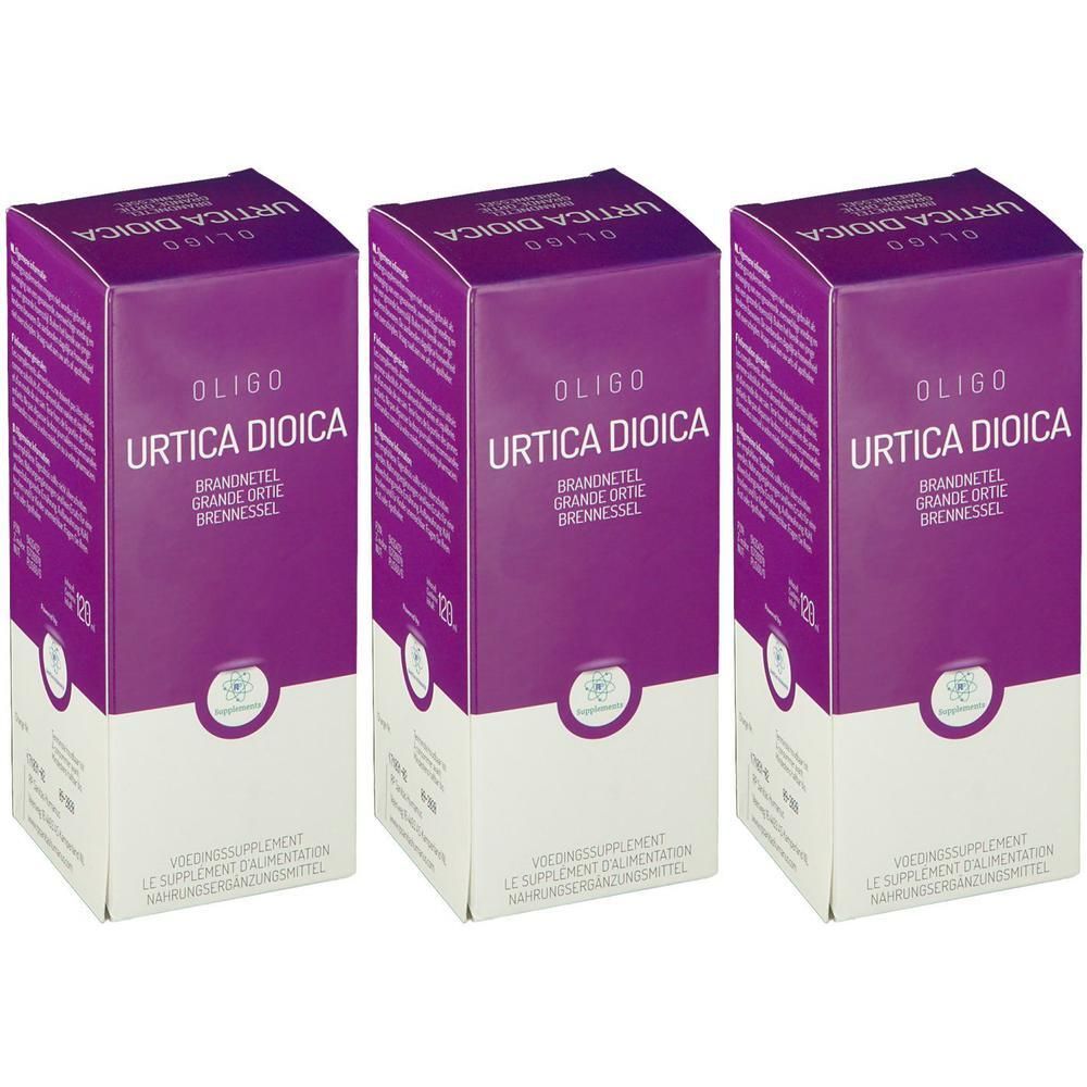 Trois boîtes Oligo Urtica Dioica avec inscription ortie.