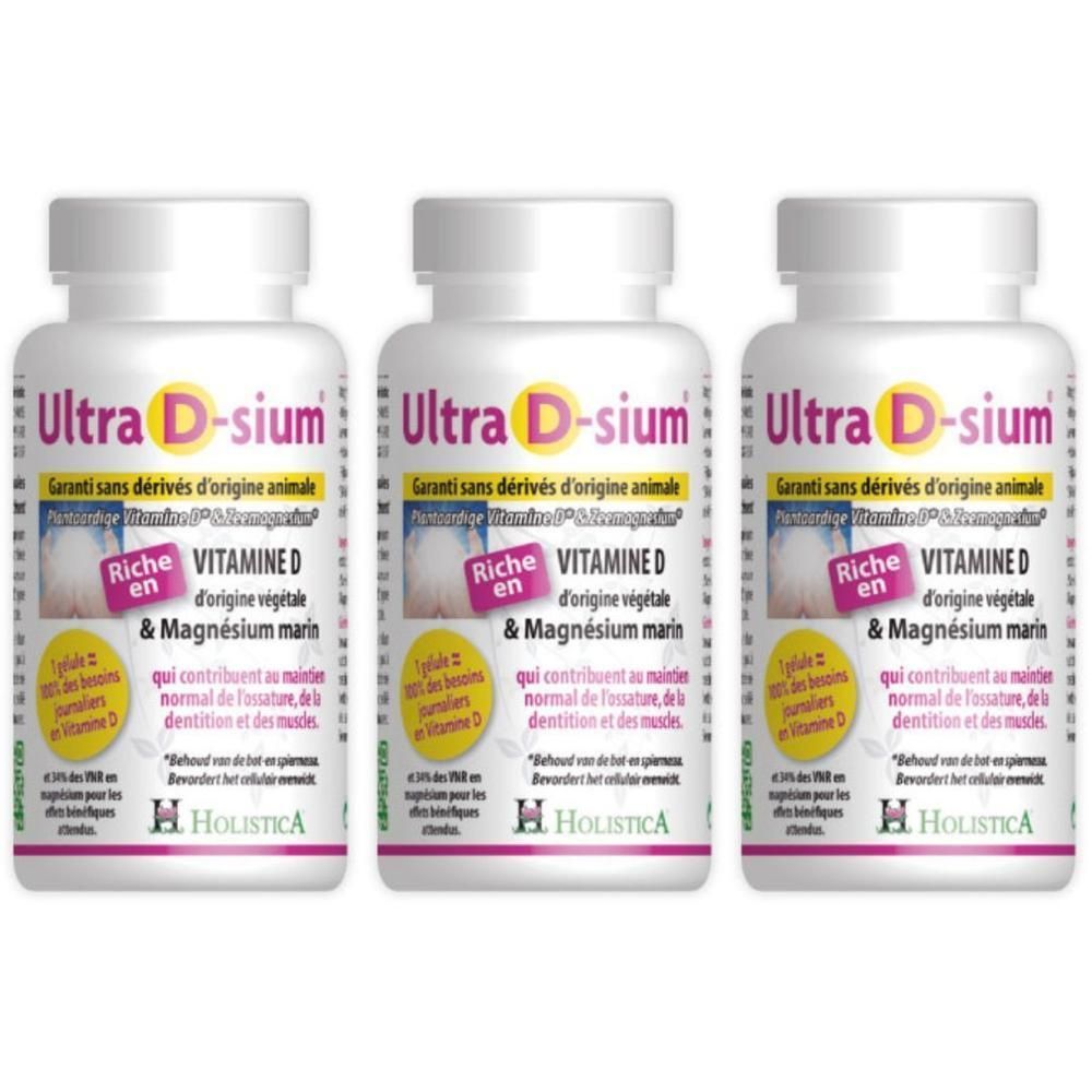 Trois flacons d'Ultra D-sium Bioholistic avec Vitamine D et Magnésium marin. Sans dérivés animaux.