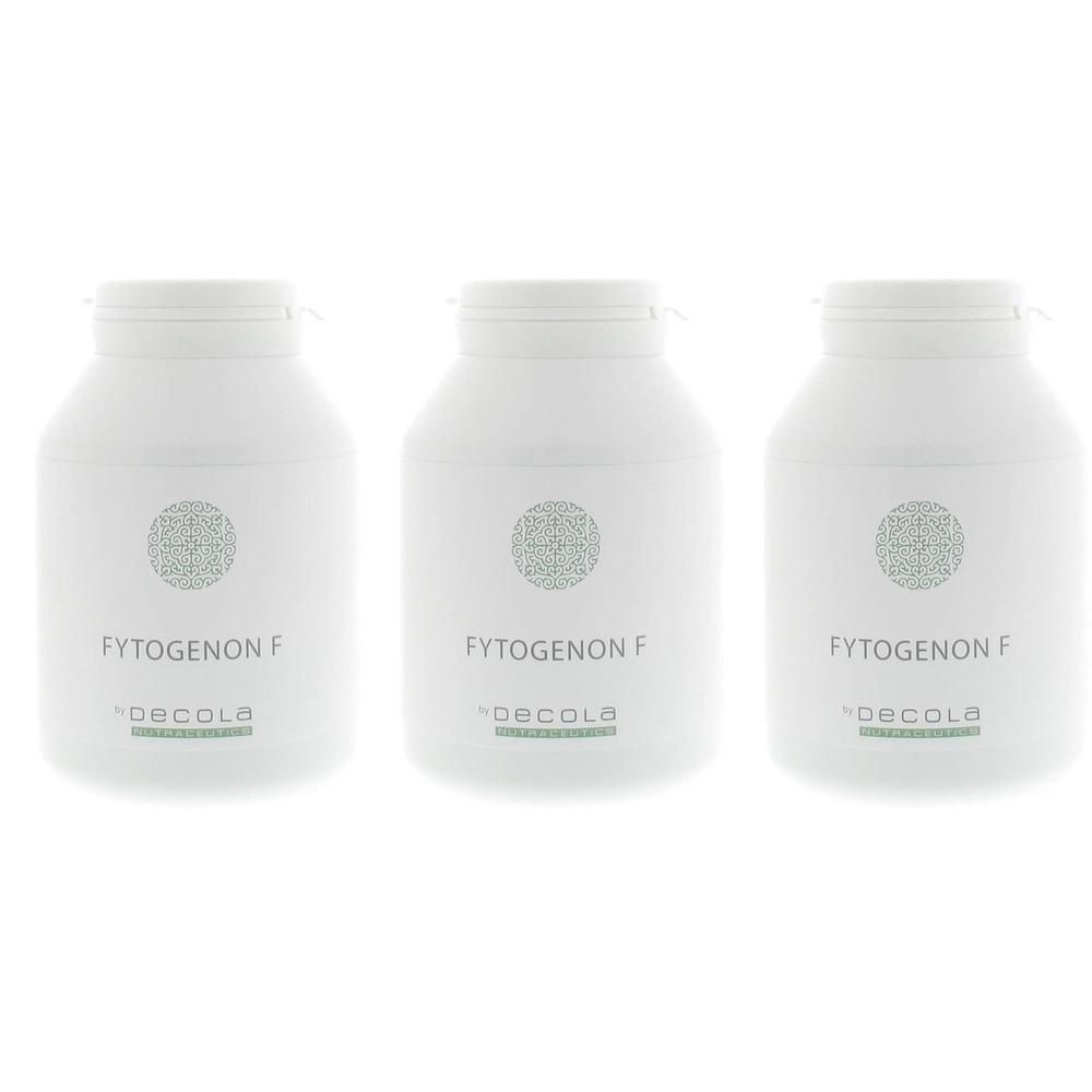 Trois contenants blancs avec Fytogenon F et logo Decola.