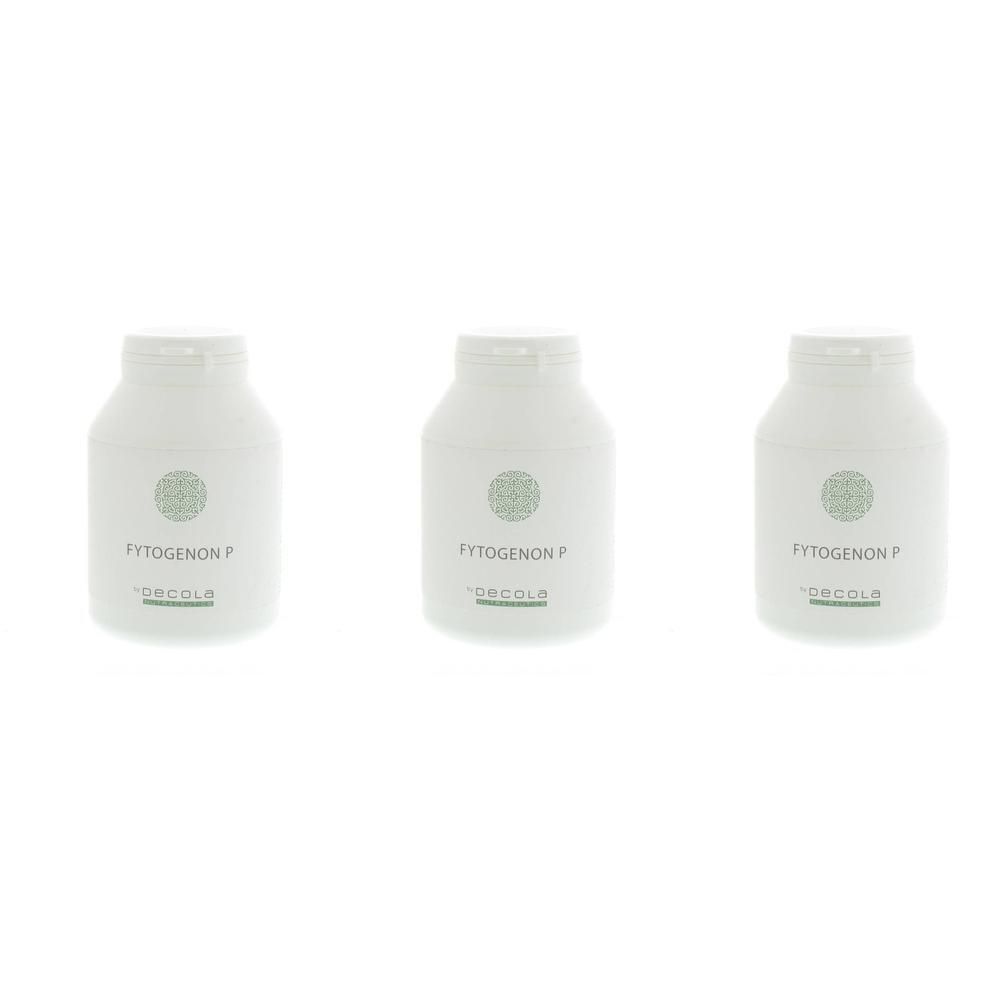 Trois flacons blancs avec inscription verte 'Fytogenon P' et 'decola'.