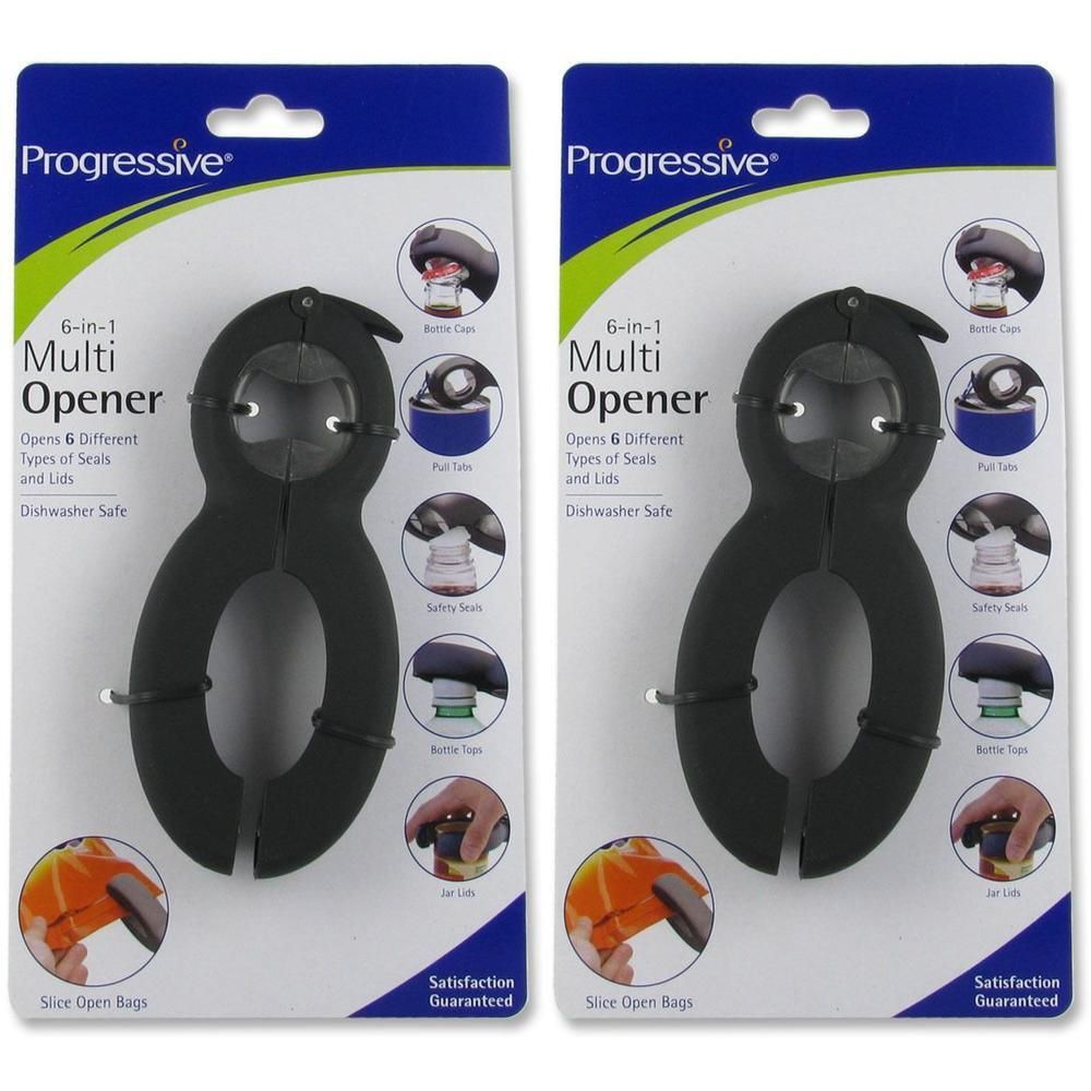 Progressive 6-in-1 Multi Opener in verpakking. Opent 6 verschillende soorten seals en deksels. Vaatwasmachinebestendig.