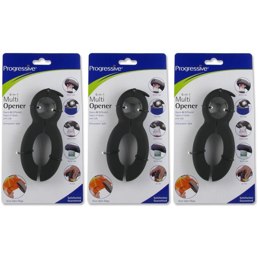 Ouvre-tout Progressive 6-en-1 en plastique noir avec six fonctions d'ouverture distinctes.