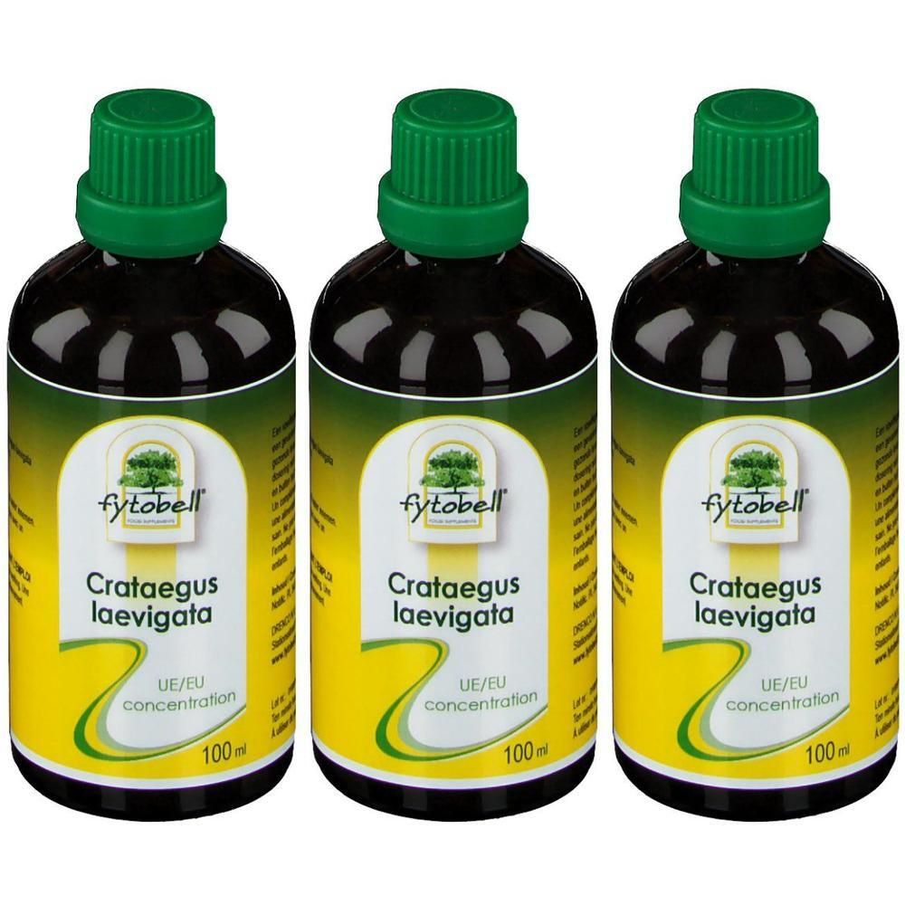Trois flacons en verre foncé avec bouchon à vis vert, contenant Fytobell Crataegus Laevigata UE/EU concentration, 100ml.