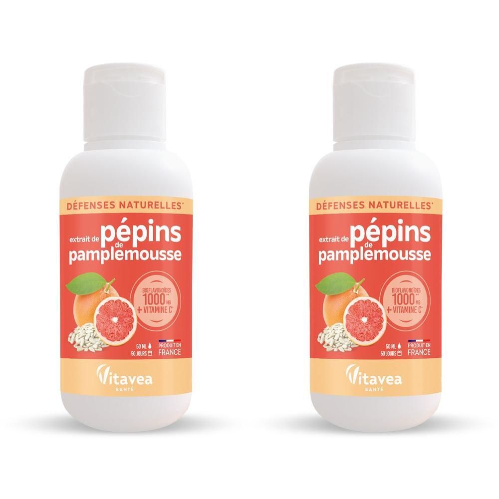 Twee flessen pompelmoespittenextract met vitamine C. Merk: Vitavea.