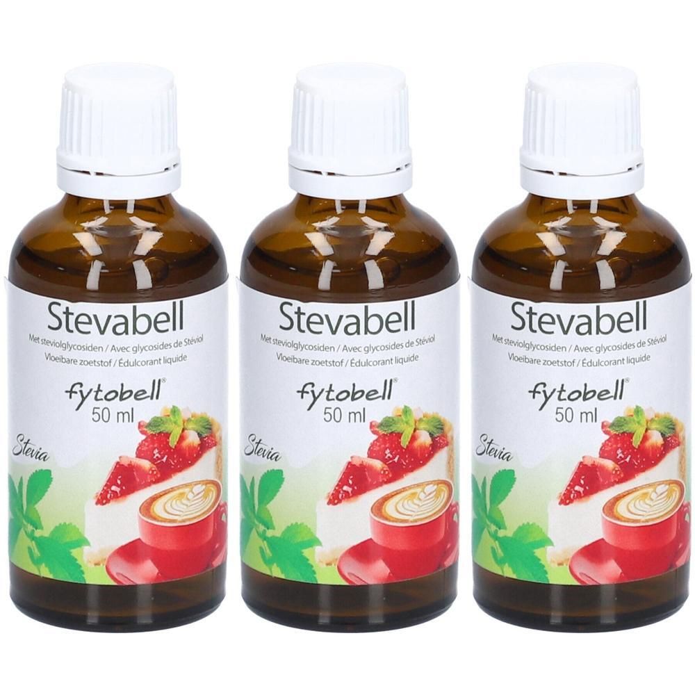 Drie bruine glazen flesjes met witte dop, gevuld met Fytobell Stevabell Liquide. Elk flesje bevat 50 ml.