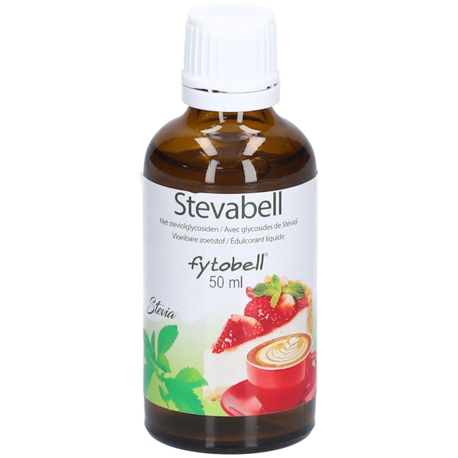 Bouteille en verre brun avec bouchon blanc, étiquette "Stevabell" et "fytobell", 50 ml.