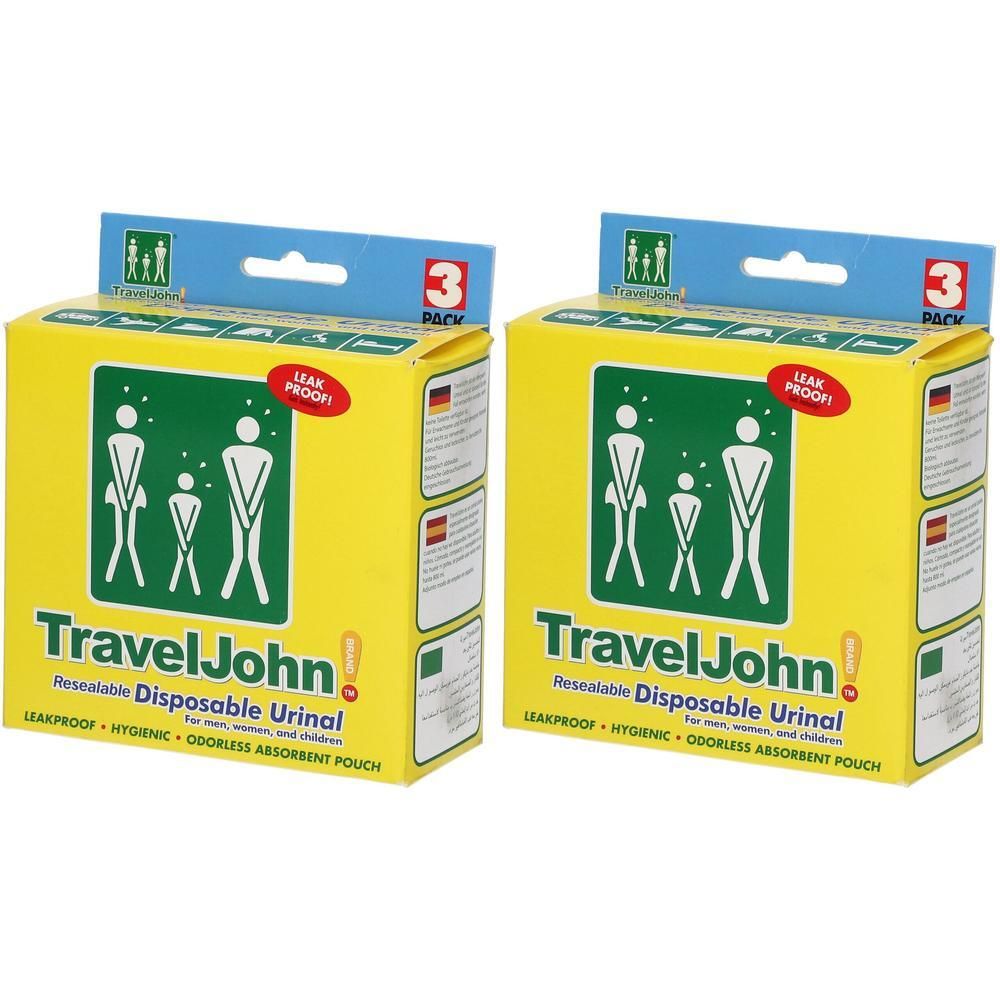 Twee verpakkingen TravelJohn wegwerpurinoirs. Gele dozen met pictogrammen van volwassenen en kinderen.