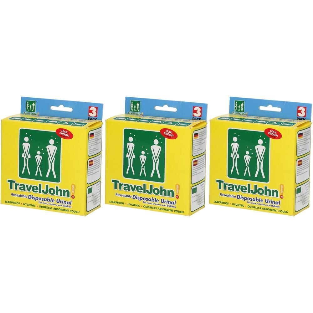 Trois paquets d'urinoirs jetables TravelJohn. Boîtes jaunes avec pictogrammes de personnes et nom du produit.