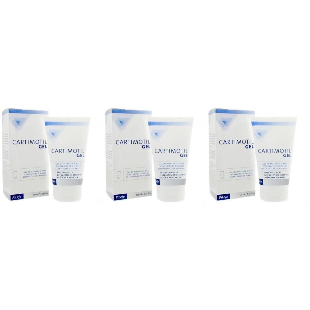 Trois tubes de Cartimotil Gel avec leurs boîtes, blancs avec des accents bleus.