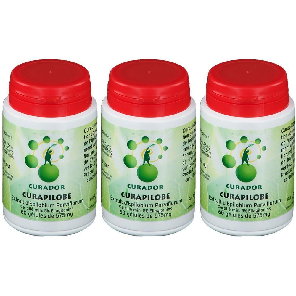 Trois flacons Curapilobe 583mg avec bouchons rouges. Chaque flacon contient 60 gélules.