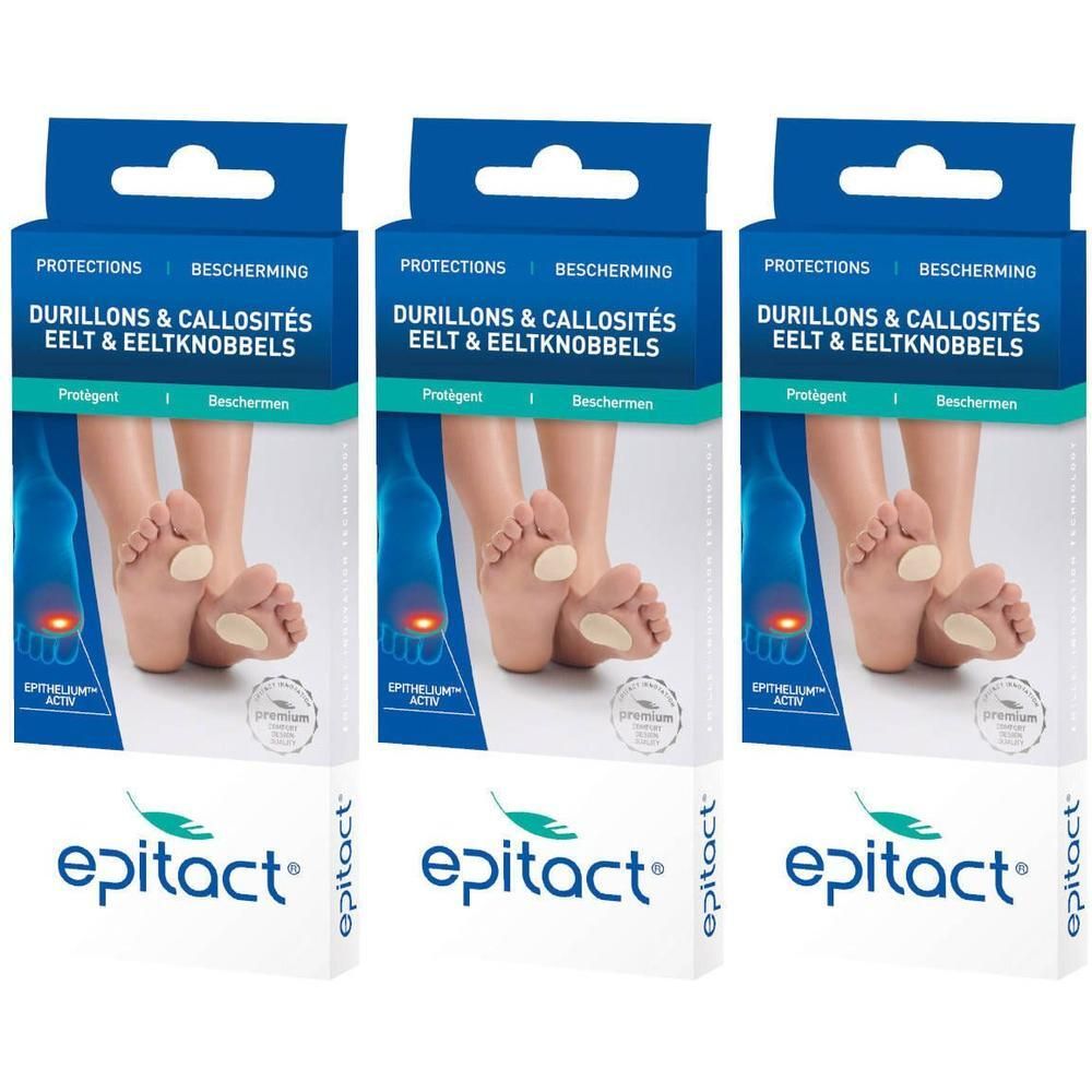 Drie pakken Epitact® beschermers voor eelt en likdoorns aan de voeten.