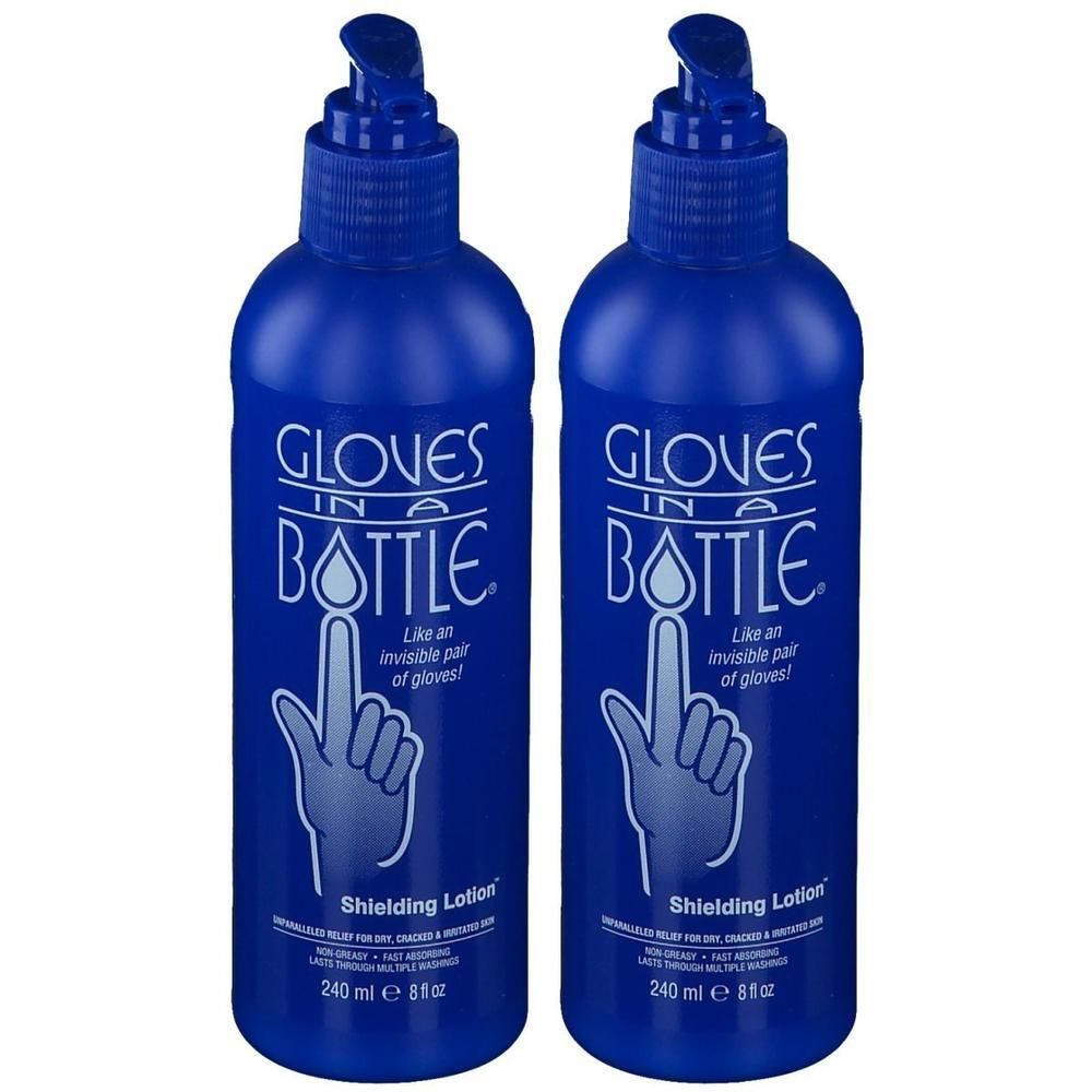 Twee blauwe flessen "Gloves In A Bottle" Shielding Lotion met pompdop. Elke fles bevat 240 ml.